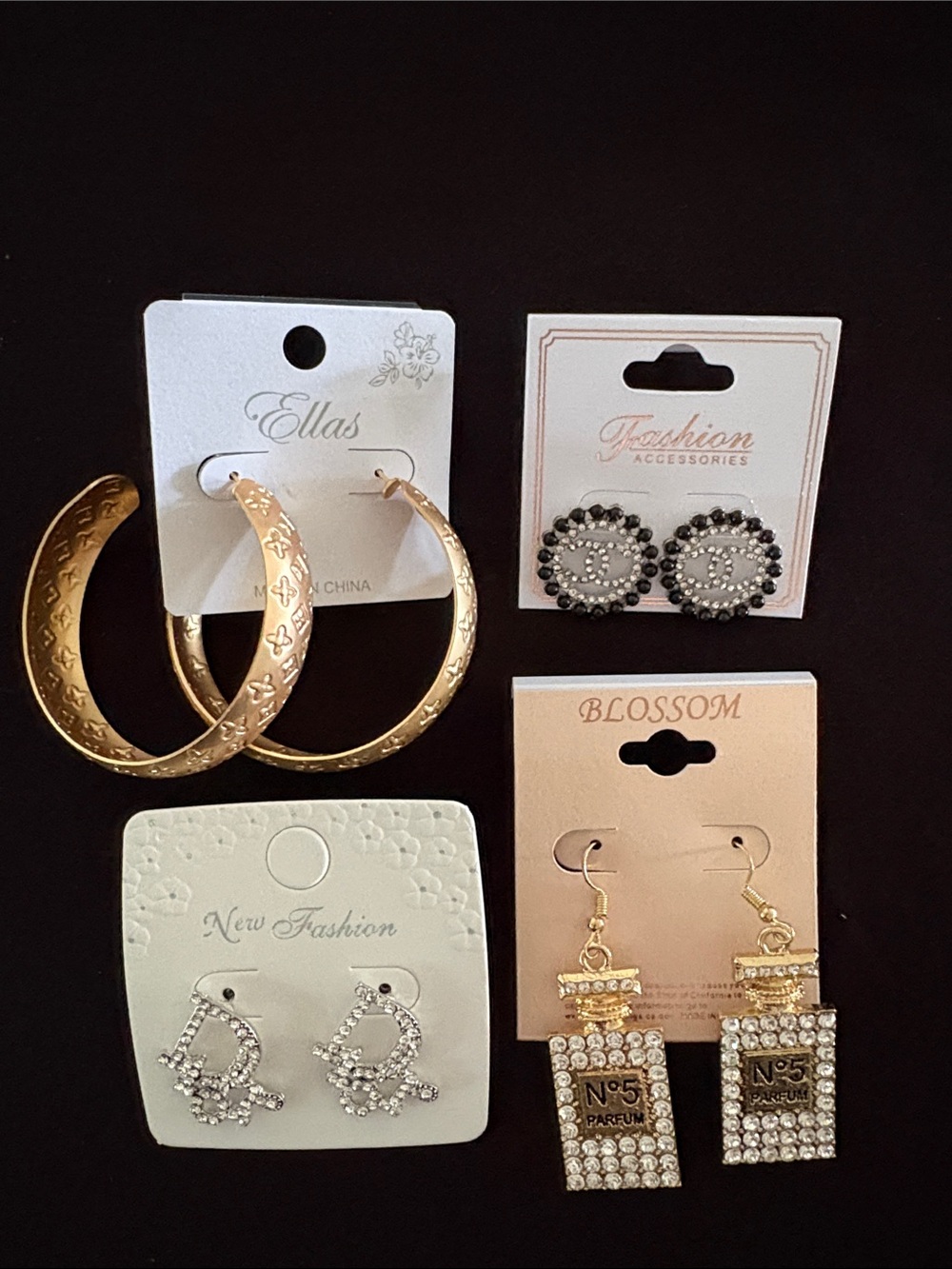Gold and Silver Tone Rhinestone Fashion Earrings Set of 4